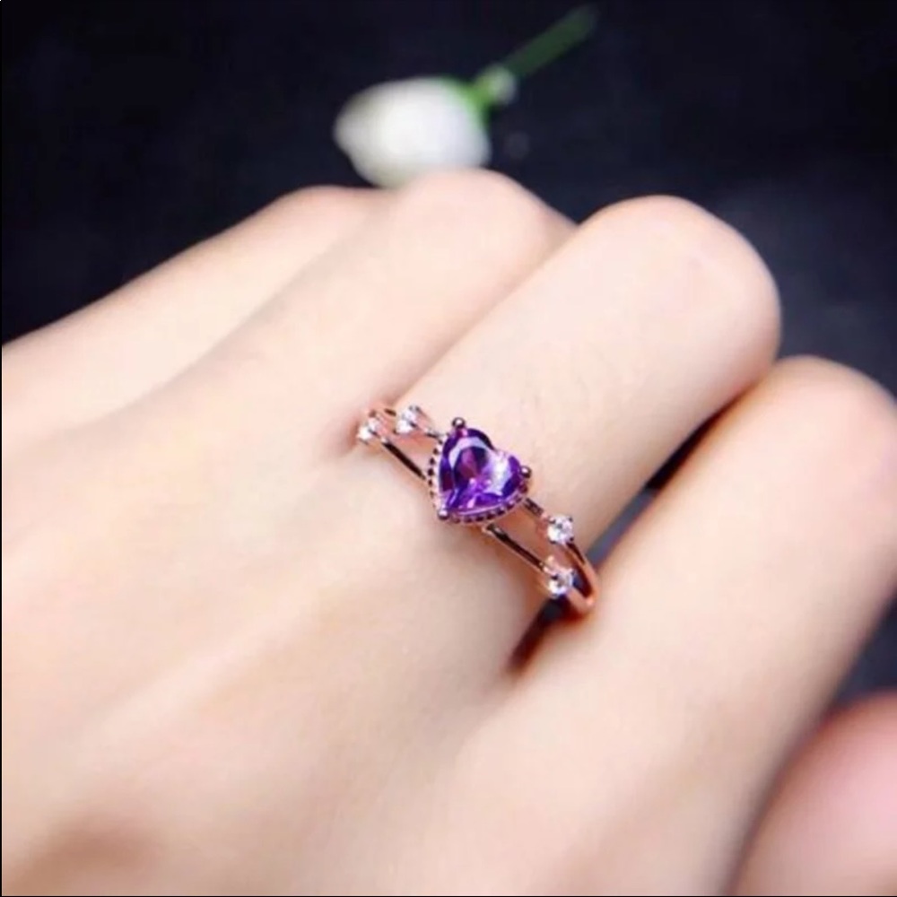 New Romantic Hearts Rose Gold Plated Amethyst Ring - Picture 2 of 2